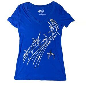 Guy Harvey Womens Blue Marlin Fishing Graphic V Neck T Shirt Size M Casual